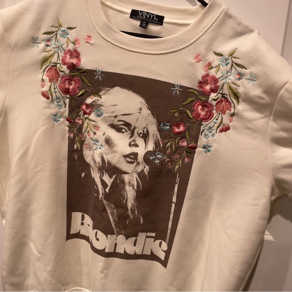 BLONDIE Classic Rock Crewneck Sweatshirt Floral Embroidery Vinyl Icons XL NEW - Picture 2 of 7